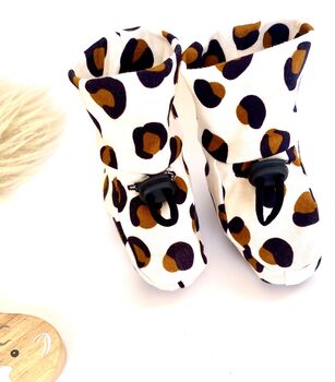 Beige Leopard Print Organic Cotton Drawstring Baby Boot, 4 of 9