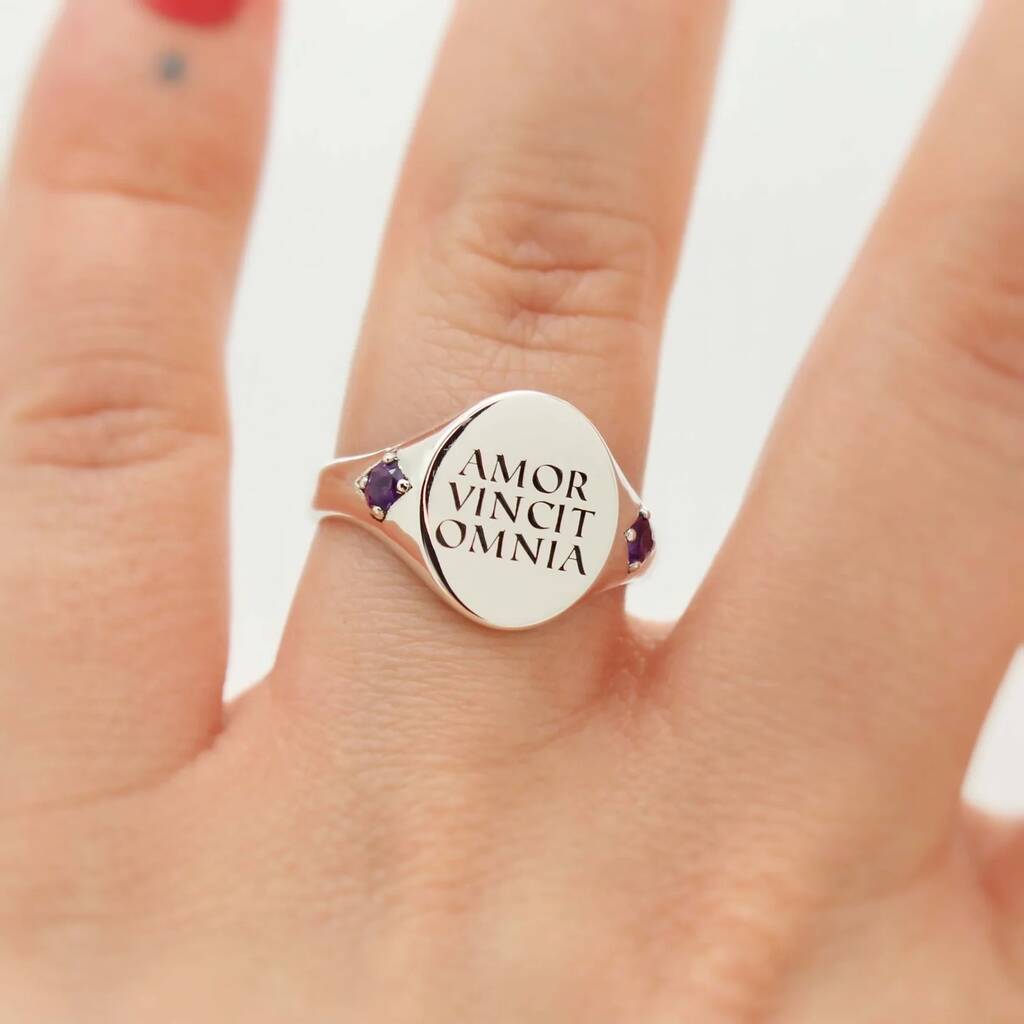 Amor Vincit Omnia Signet Ring With Amethyst Band, 1 of 2