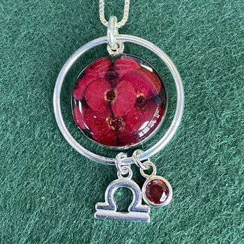 Sterling Silver Handmade Real Flower Necklace With Personalised Birthstone And Zodiac Charm, 10 of 12