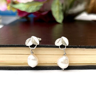 Sterling Silver Leaf And Pearl Earrings, 2 of 11