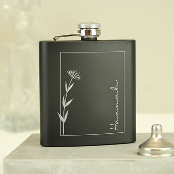 Personalised Monochrome Floral Name Black Hip Flask, 3 of 7