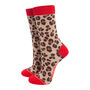 Leopard Print Contrast Cuff Women's Bamboo Socks Beige Red, thumbnail 2 of 5