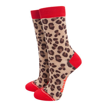 Leopard Print Contrast Cuff Women's Bamboo Socks Beige Red, 2 of 5