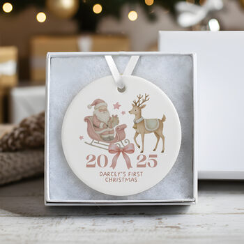 Personalised Baby's First Christmas Santa Bauble Keepsake In Pink Or Blue, 6 of 6