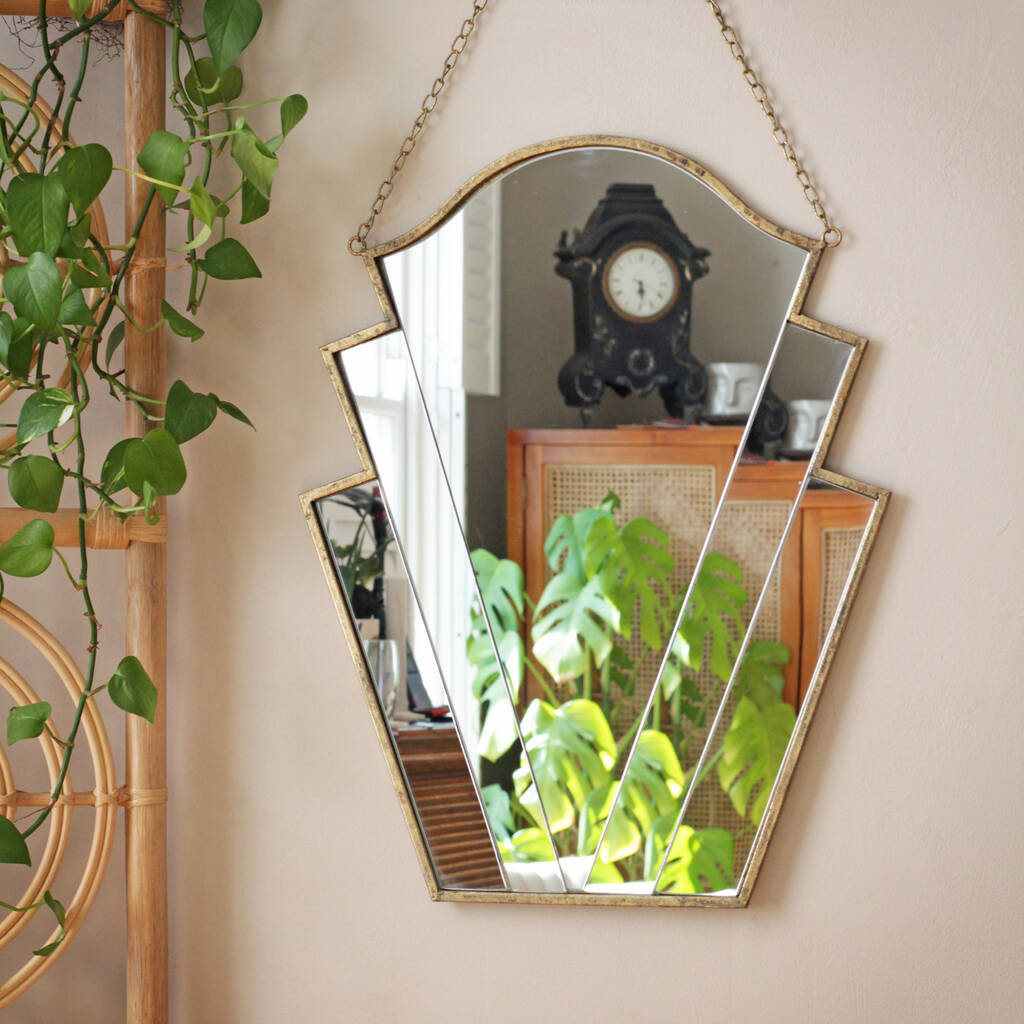 Gold Art Deco Mirror With Chain, 1 of 3