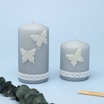 G Decor Emilie Butterfly Grey Lace Pillar Candle, 3 of 5