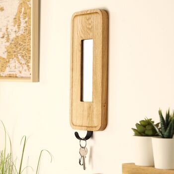 Personalised Solid Oak Wall Mirror With Key Hooks – Engraved Hallway Key Holder, 3 of 8