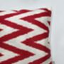 Square Ikat Silk Cushion Coral Red Zigzag, thumbnail 3 of 9