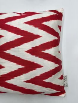 Square Ikat Silk Cushion Coral Red Zigzag, 3 of 9