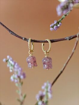 Strawberry Quartz Lily Twisted Huggie Hoop Earrings, 3 of 11
