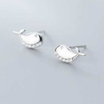 Sterling Silver Crystal Detail Whale Stud Earrings, 2 of 4