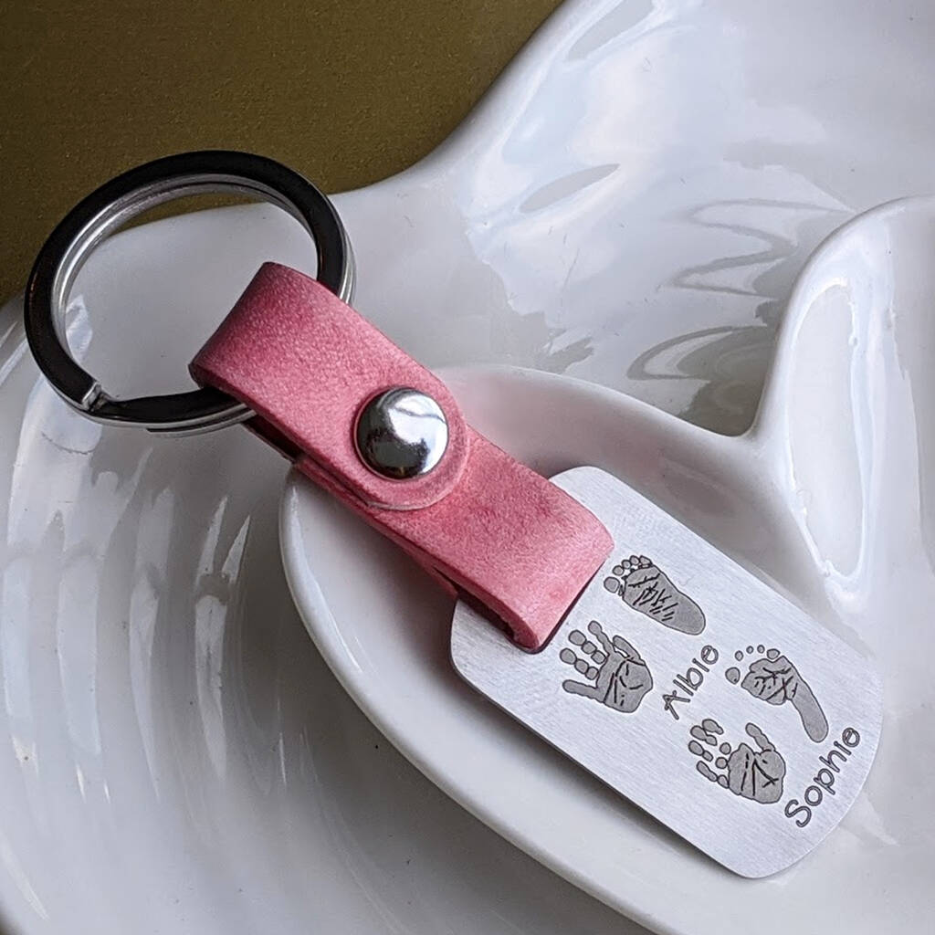 Image of Personalised Handprint Leather Tag Keyring For Her