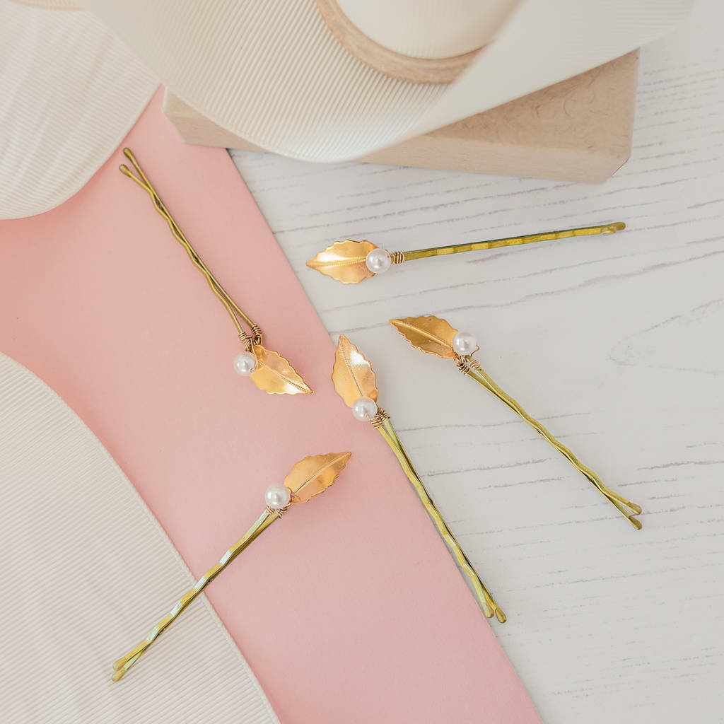 Set Of Five Gold Leaf Bridal Pins By Melissa Designs