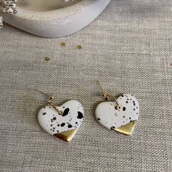 Black And White Ceramic Heart Earrings 22k Gold Lustre, 2 of 7