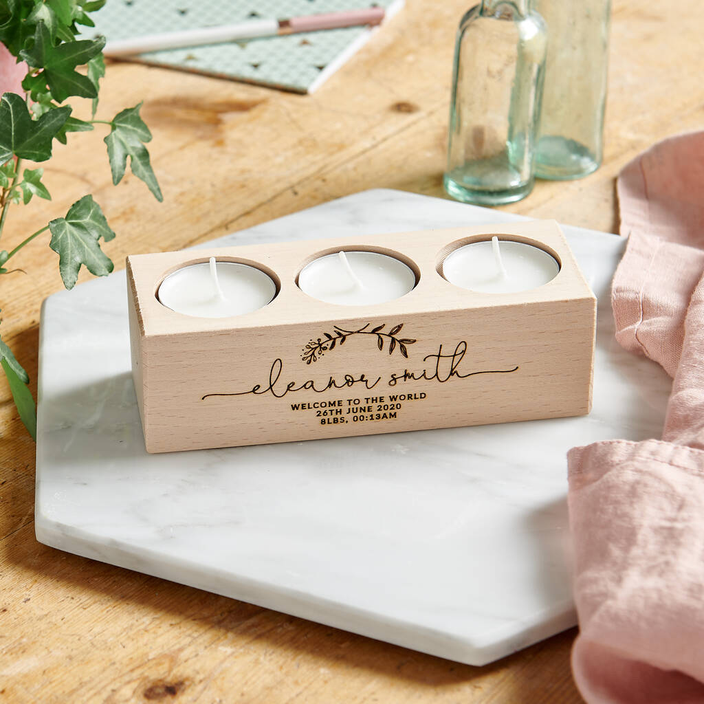 personalised new baby candle holder by owl & otter