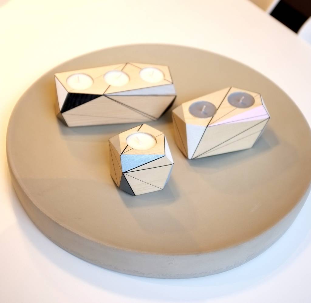 geometric wooden double tea light holder by polymorphics