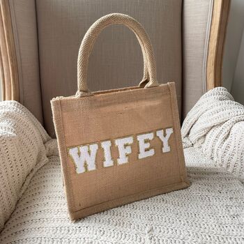 Personalised Patch Five Letters Square Jute Lunch Bridesmaid Top Handle Gift Bag, 2 of 10