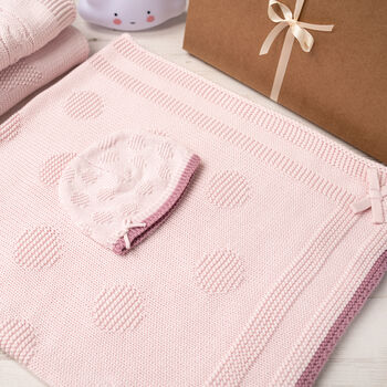 Girls Spot And Bow Pale Pink Baby Blanket And Hat Set, 2 of 11