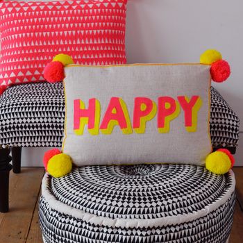 Embroidered Pom Pom 'Happy' Cushion, 3 of 4