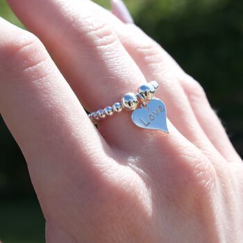 Sterling Silver Ball Bead Ring With Love Heart Charm, 4 of 12