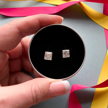 60th Birthday Silver Square Cz Earrings In A Gift Tin, 3 of 9