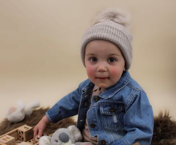 Personalised Grey Single Pom Pom Winter Hat And Booties, 4 of 5