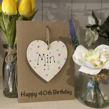 Personalised 50th Birthday Polka Dot Wooden Heart Card, 6 of 6