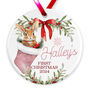 Personalised Baby's First Christmas Ceramic Bauble In Red, Pink Or Blue, thumbnail 3 of 6