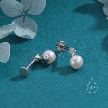 Tiny Genuine Pearl And Cz Internally Threaded Flat Back Earrings, 4 of 10