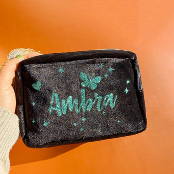 Personalised Velvet Travel Make Up Bag With Green Glitter Name – Embroidered Sun, Moon And Stars, 6 of 10