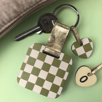 Personalised Olive Checkered Print Wooden Keyring, 3 of 6