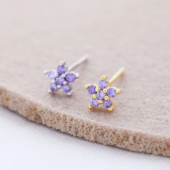 Sterling Silver Lilac Purple Flower Cz Stud Earrings, 3 of 12