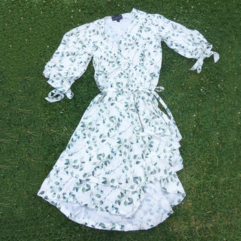 Anna Linen Blend Wrap Dress With Leaf Print, 7 of 9