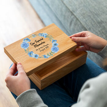 Personalised Our Special Memories Oak Box Blue Flowers, 3 of 3