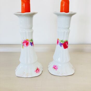 Pair Of Vintage Porcelain Floral Candlesticks ~ 30, 6 of 6