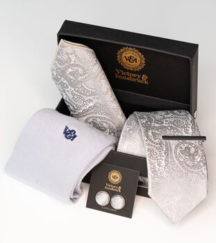 Silver Wedding Tie Set And Socks Groomsmen Gift For Him, 5 of 10