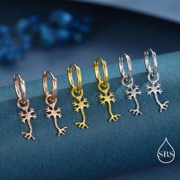 Sterling Silver Tiny Neuron Cell Huggie Hoops Earrings, 3 of 11