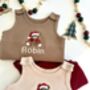 Personalized Festive Bear Baby Dungarees Romper | Custom Embroidered Christmas Outfit | Newborn First Christmas Gift, thumbnail 1 of 9