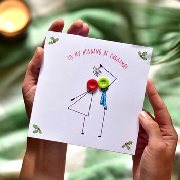 'Kissing Under Mistletoe' Button Christmas Card, 3 of 11