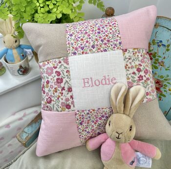 Ditsy Pink Patchwork Name Cushion, 8 of 9