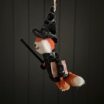Wool Fox Witch With Broom Hanging Halloween Decoration, 2 of 2