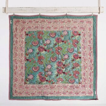 Turquoise, Pink And Burgundy Floral Indian Block Printed Cotton Bed Quilt, 3 of 9