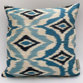 Square Ikat Silk Cushion Blue Diamond, 8 of 11