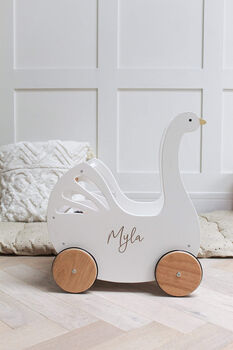 Personalised Kids Swan Wooden Push Along Toy Pram, 6 of 12