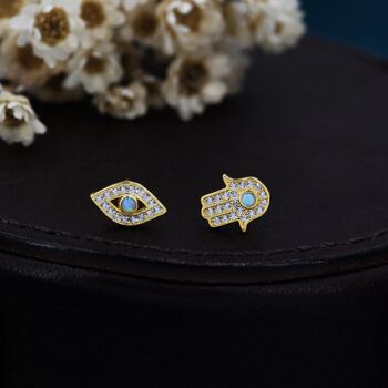 Mismatched Hamsa Hand And Evil Eye Cz Stud Earrings In Sterling Silver With Blue Opal, 6 of 12