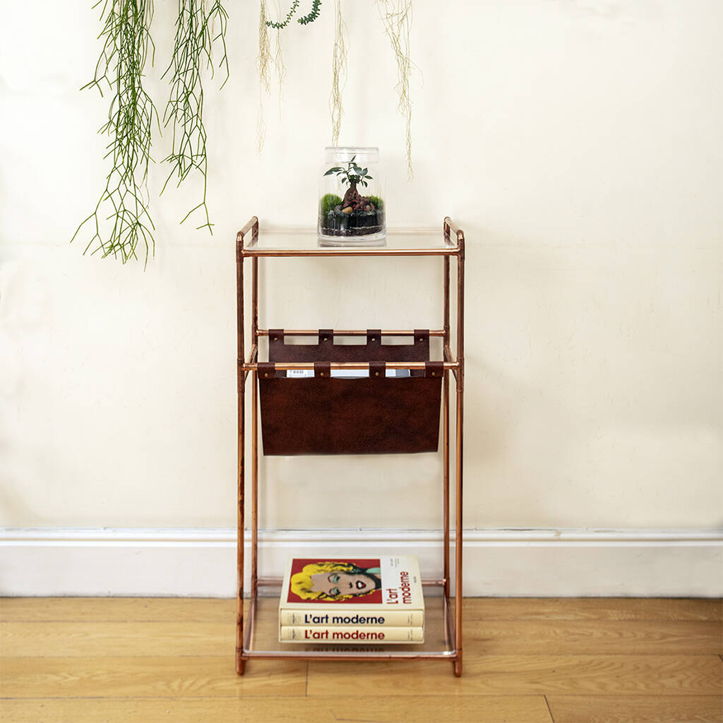 Handmade Console Table In Copper With Magazine Holder, 1 of 7