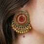 Red Round Disc Mandala Button Stud Earring, thumbnail 1 of 3