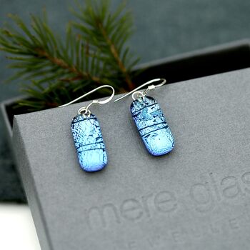 Blue Dichroic Glass Sterling Silver Drop Earrings, 7 of 12