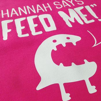 Personalised 'Baby Says Feed Me' Baby Bib, 4 of 8