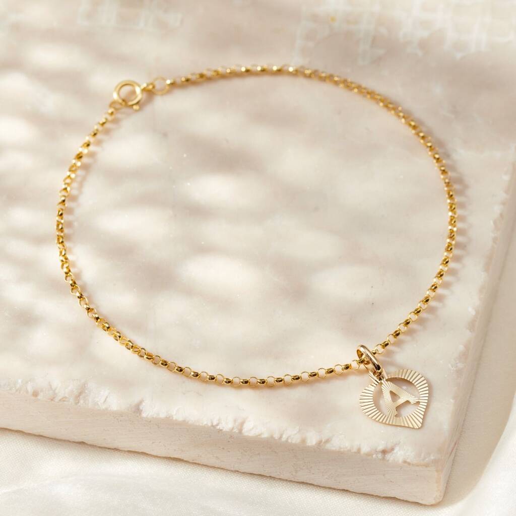 Deco 9ct Gold Heart Initial Charm Bracelet, 1 of 3